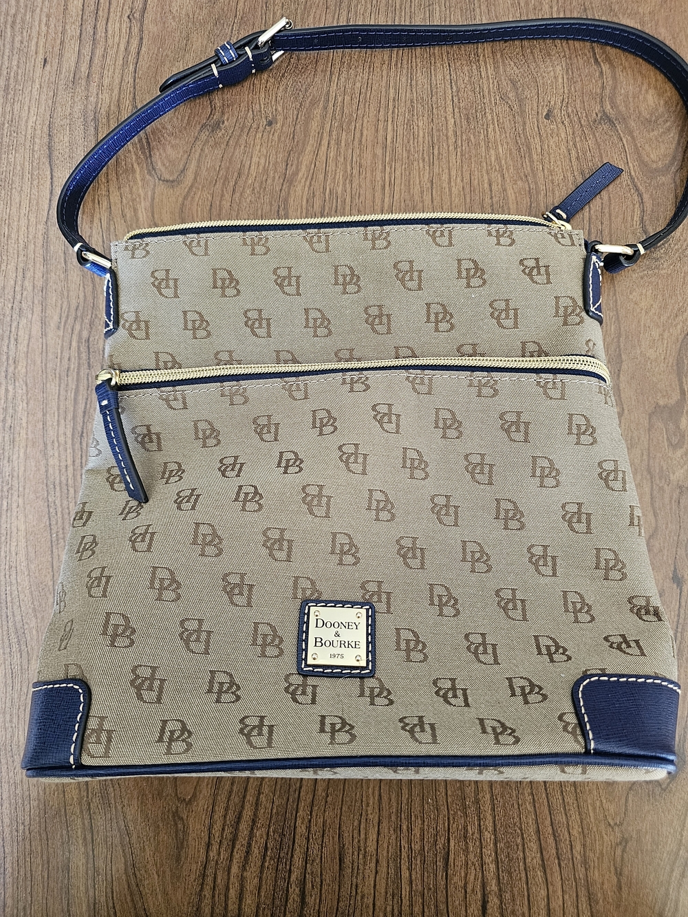 Dooney & Bourke Signature DB Canvas Shoulder Bag in Tan and Navy